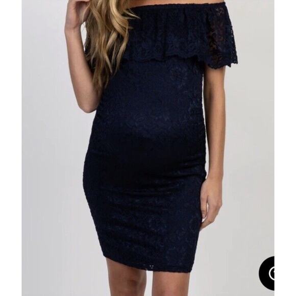 Pinkblush Maternity Blue Lace Off The Shoulder Dress‎ Medium - Picture 2 of 9
